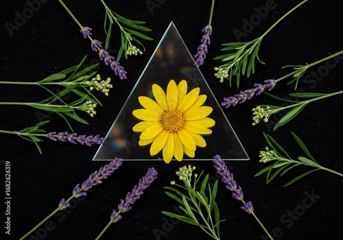 A central yellow flower framed by delicate greenery and lavender, with a glass-like triangle placed over it, casting rainbow reflections