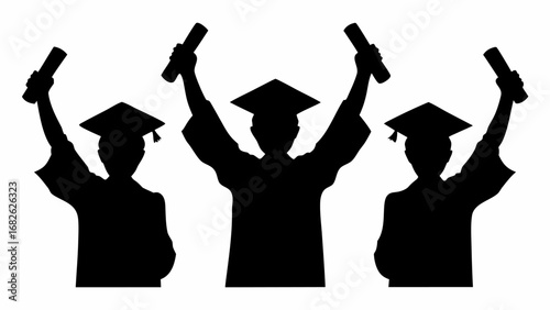 Three graduating students in silhouette holding diplomas up in the air celebrating achievement and success | editable eps vectors