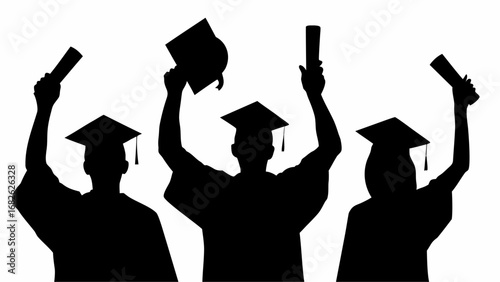 Silhouette of three graduates in caps and gowns raising diplomas and a graduation cap in celebration | editable eps vectors
