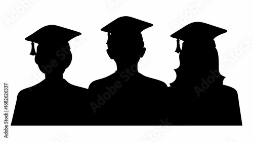 Three graduation students in silhouette wearing graduation caps and gowns in a black and white illustration | editable eps vectors