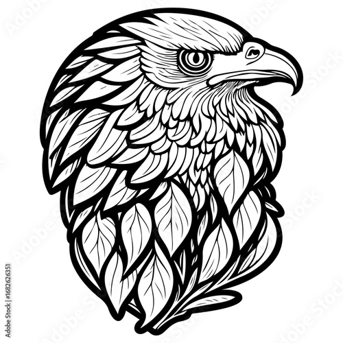 Detailed monochrome illustration of an eagle head with plumage styled like foliage displaying