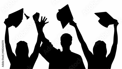 Silhouette of graduates throwing their graduation caps in the air celebrating their academic achievements | editable eps vectors