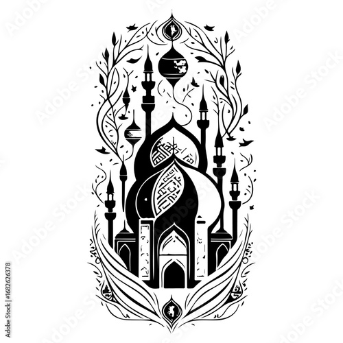 Detailed monochrome illustration portraying a stylized mosque amidst organic floral elements and