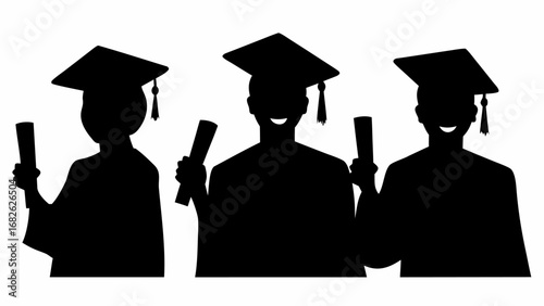Silhouette illustration of three graduates in gowns and caps holding diplomas in their hands in black color | editable eps vectors