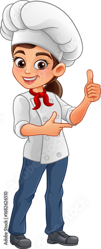 Smiling female chef in uniform and hat pointing with one hand and showing thumbs up with the other. Great for menus, restaurant graphics, or culinary advertising.