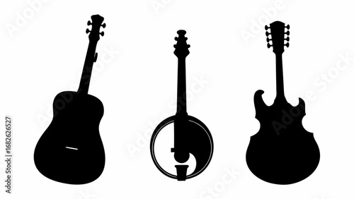 Three musical instruments silhouettes including a guitar banjo and electric guitar in black and white tone | editable eps vectors