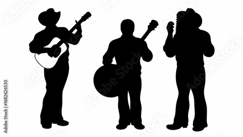 Silhouette of three musicians performing with guitars and singing on a white background in a band scene | editable eps vectors