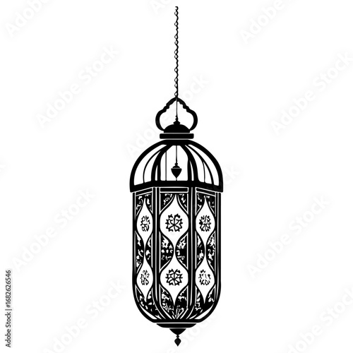 Detailed oriental lantern silhouette hanging from chain creates a sophisticated and ethereal