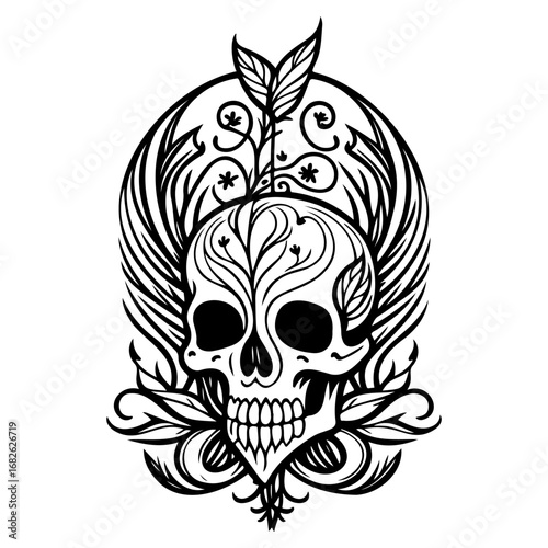 Detailed skull artwork with floral and ornate elements creating a macabre yet beautiful