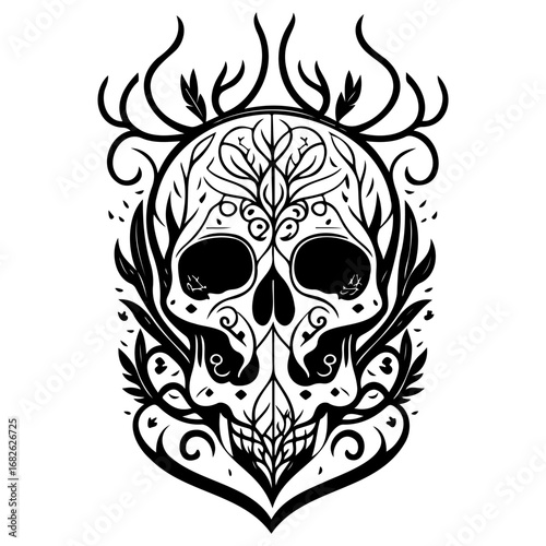 Detailed skull botanical illustration black and white ink drawing with flora elements for edgy