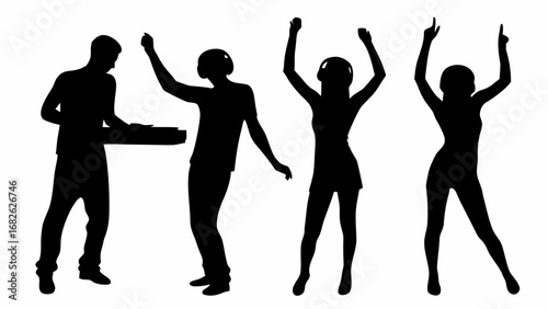 Silhouette of dj mixing music and two women dancing with headphones at a party in black and white style | editable eps vectors