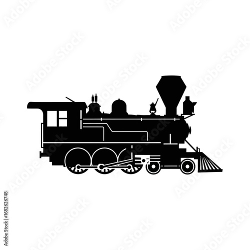 Silhouette of a vintage steam train locomotive on a white background.