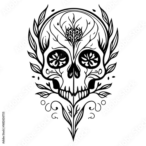 Detailed skull illustration featuring botanical elements a fusion of life and death in monochrome