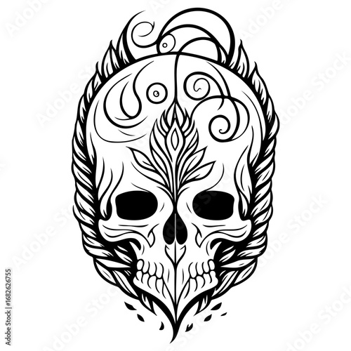 Detailed skull illustration with ornate floral designs offers a unique artistic visual expression