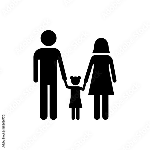 Black silhouette icon of a traditional family unit, depicting a father, mother, and their small child holding hands, representing unity and connection.