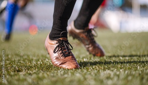 A close-up shot of a soccer player's feet wearing brown cleats on a green grass field during a game.