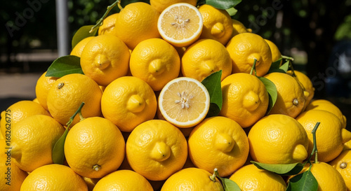 A pyramid of lemons with two halves showing their interior and green leaves on a sunny day outside
