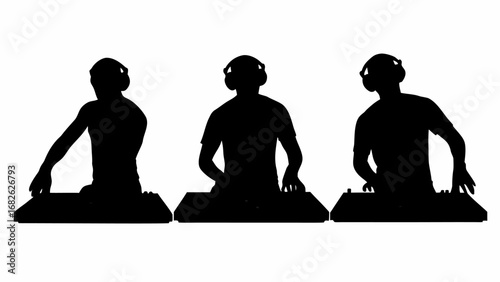 Three dj silhouettes with headphones mixing music on turntables in a black and white composition scene | editable eps vectors