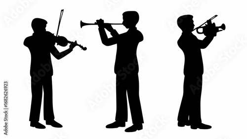 Silhouettes of musicians playing violin and trumpets in a musical performance on a white background stage | editable eps vectors