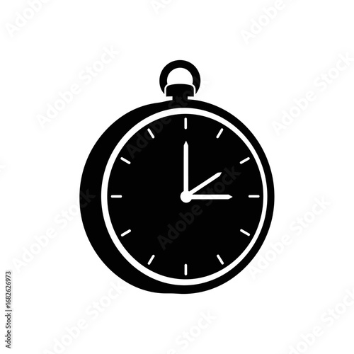 Black silhouette icon of a classic pocket watch with a loop, showing the time on a white background.