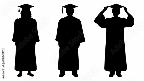 Three silhouettes of graduates in gowns and mortarboards in a graduation ceremony setting vector art | editable eps vectors