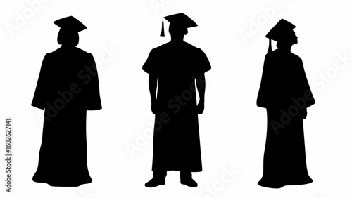 Three silhouettes of graduates wearing academic dress and mortarboards stand in a row against white background | editable eps vectors