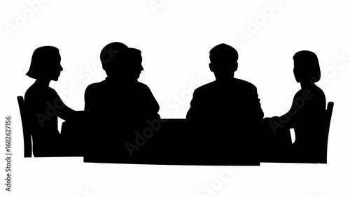 Silhouette illustration of four people sitting around a table in a meeting or discussion setting | editable eps vectors