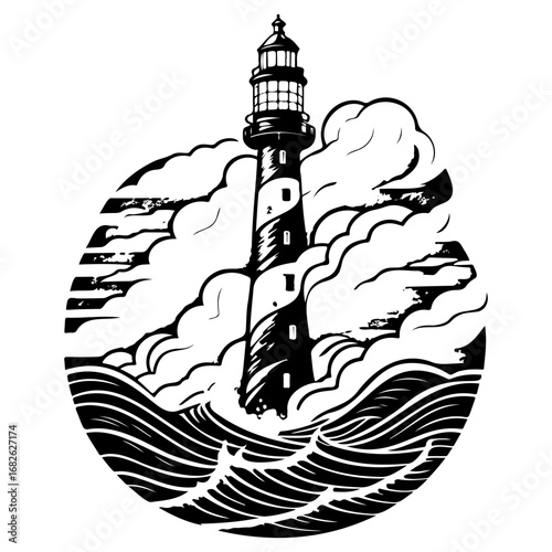 Dramatic monochrome depiction of a lighthouse amidst crashing waves and billowing clouds nautical
