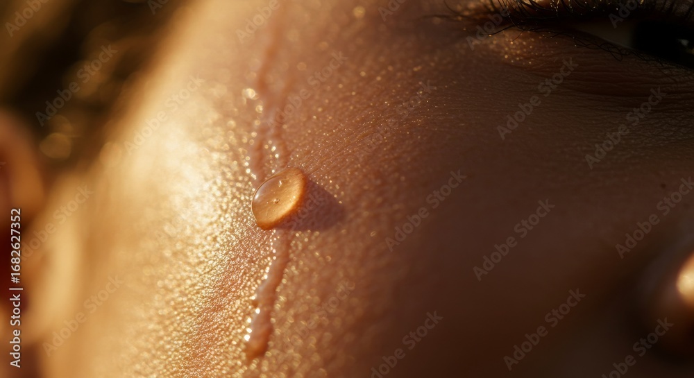 Fototapeta premium A macro photograph captures a single, glistening droplet of liquid on a person's skin, illuminated by warm, golden light.