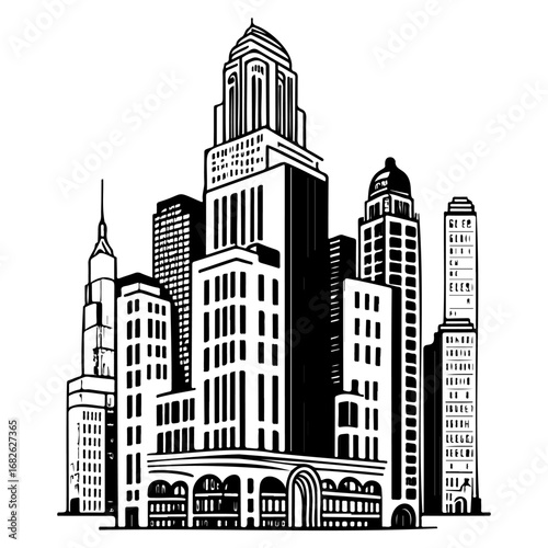 Dynamic cityscape composition showcasing architectural diversity and urban skyline with bold lines