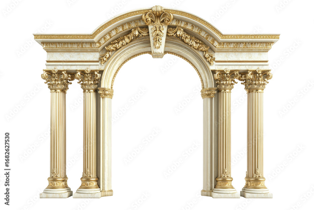 Obraz premium Elegant architectural archway with columns, gold accents, stone texture, building element, entrance design, isolated on transparent background