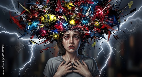 Surreal Anxiety Disorder Art - Woman in Chaotic Storm of Thoughts