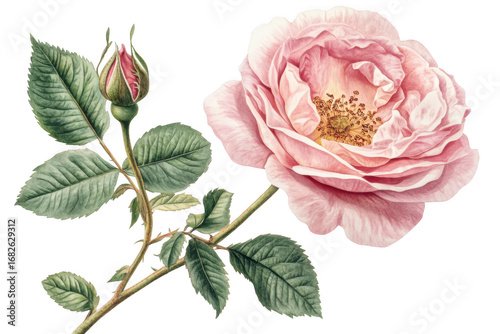 Fototapeta Naklejka Na Ścianę i Meble -  Vintage pink rose flower illustration with bud and green leaves, botanical art, floral design element, watercolor style, isolated on transparent background
