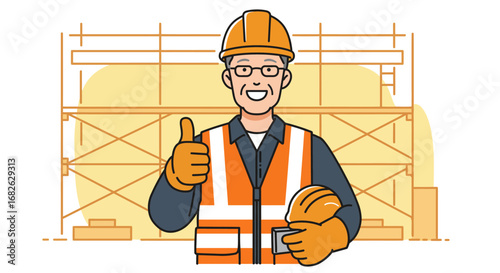 Smiling Construction Worker with Thumbs Up Gesture.