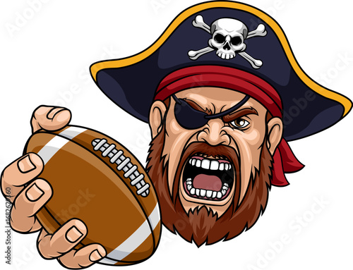 A Pirate man holding American Football ball sports team cartoon charcater mascot illustration.