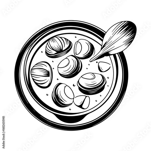 Shellfish Soup Vector Design — Illustration suitable for cafe menu cards, seafood restaurant branding, print advertising, online food blogs, food packaging, e-commerce content, and social media posts.