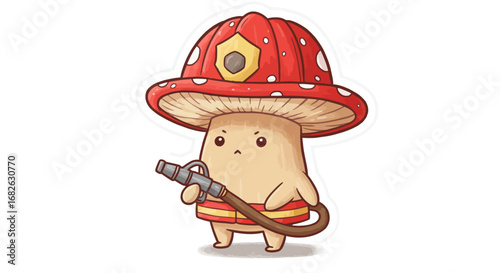 Cute Mushroom as Firefighter Colored Pencil Sticker Illustration