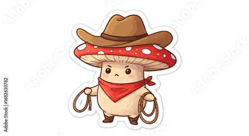 Cute Mushroom as Cowboy Colored Pencil Sticker Illustration