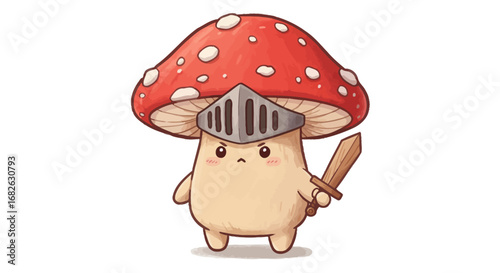 Cute Mushroom as Medieval Knight Colored Pencil Sticker Illustration