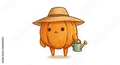 Cute Pumpkin as Gardener Colored Pencil Sticker Illustration