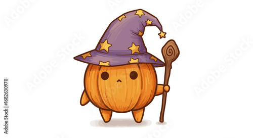Cute Pumpkin as Wizard Colored Pencil Sticker Illustration