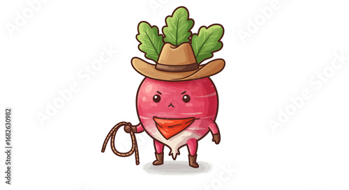 Cute Radish as Cowboy Colored Pencil Sticker Illustration