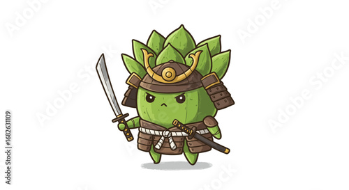 Cute Succulent as Samurai Colored Pencil Sticker Illustration