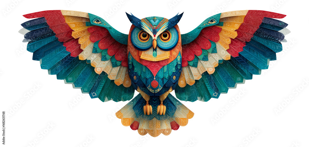 Naklejka premium Colorful Illustrated Owl with Stylized Wings and Geometric Patterns