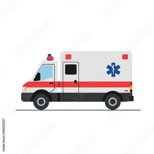 A striking 2D flat vector illustration features a minimalist ambulance in a clean side view, rendered with solid primary colors and crisp lines, isolated on a pure white background.