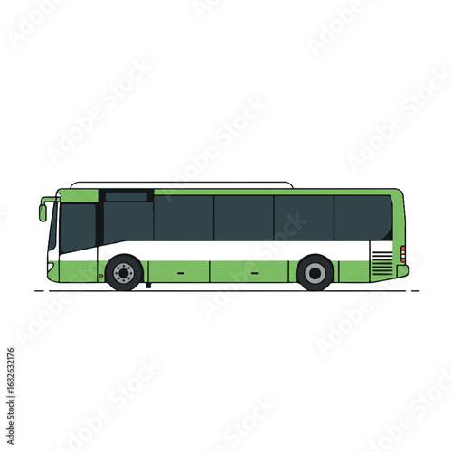 A vibrant 2D flat vector illustration of a minimalist city bus in side profile, featuring solid green and white colors, is isolated on a clean white background.