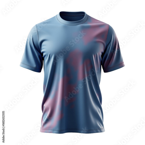 A rendered, light-blue t-shirt with a muted, pink tie-dye design is displayed against a solid black background.