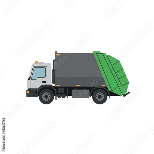 A clean 2D flat vector illustration of a modern garbage truck, shown in a side view with minimalist solid grey and green colors, isolated on a bright white background.