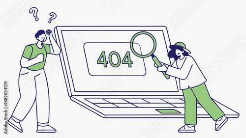 Navigating the Digital Maze Two Cartoon Characters Confront an Error Message on a Laptop Screen Seeking Solutions Together