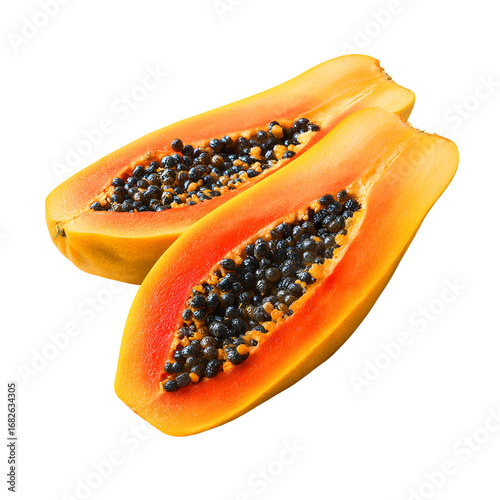 Halved papaya fruit on black background offering a vibrant tropical presentation